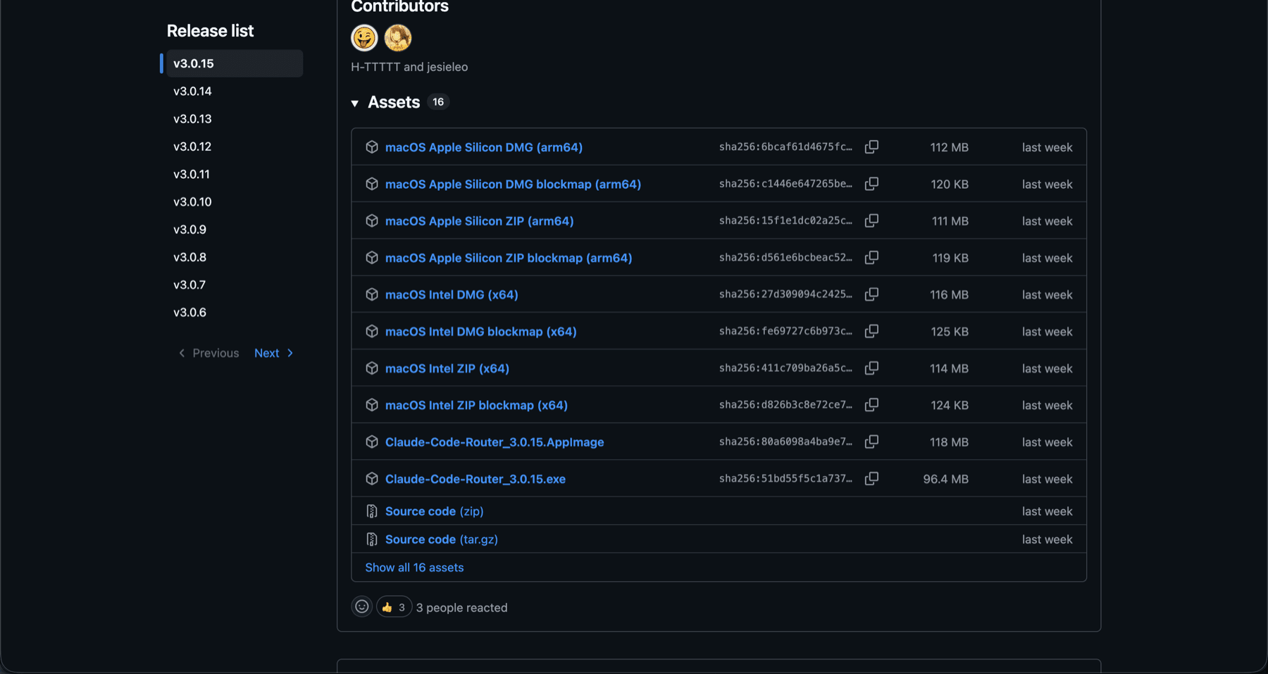 Claude Code Router GitHub release assets showing macOS, Windows, and Linux downloads