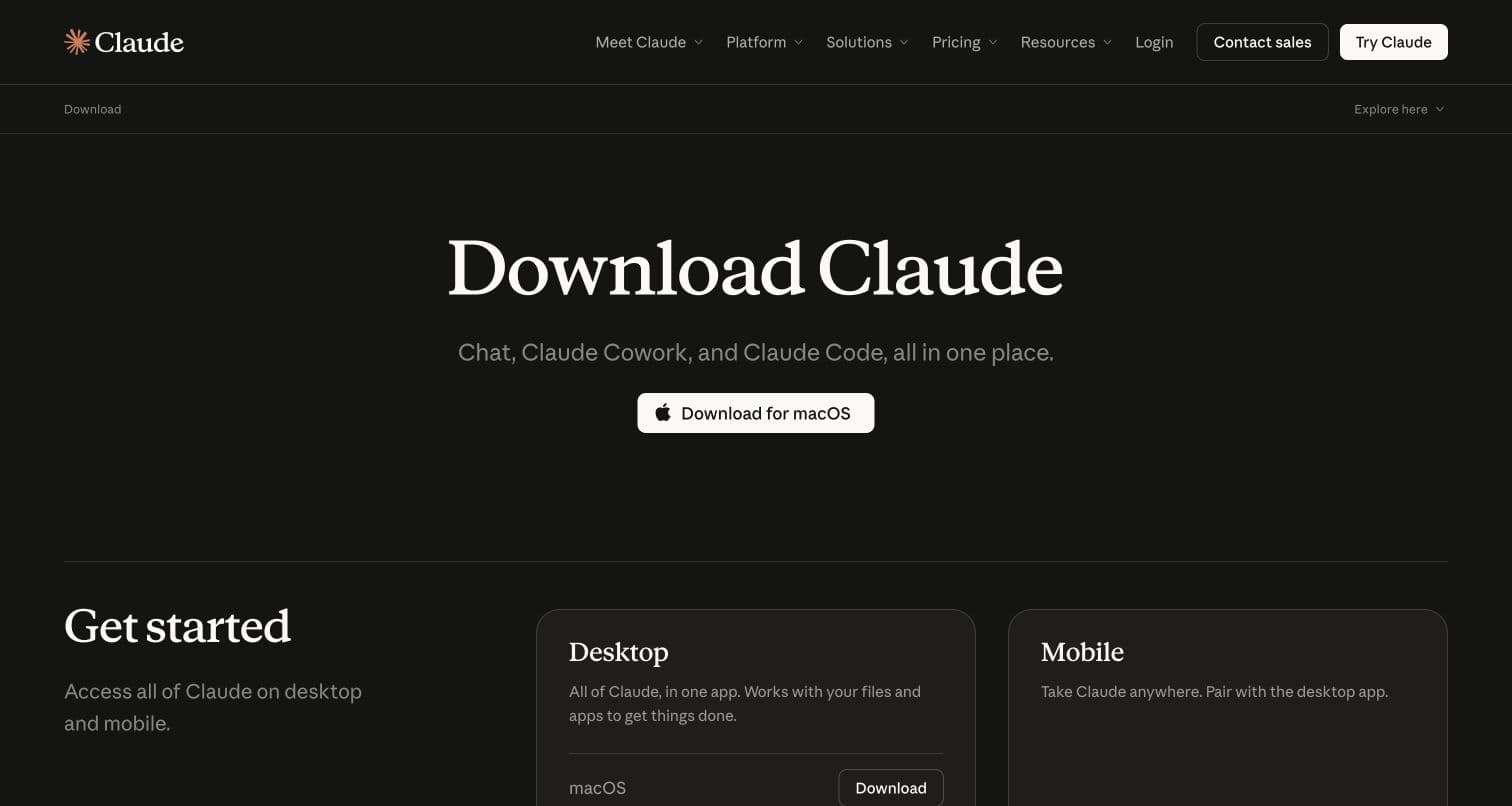 Official Claude download page with the Claude desktop download button