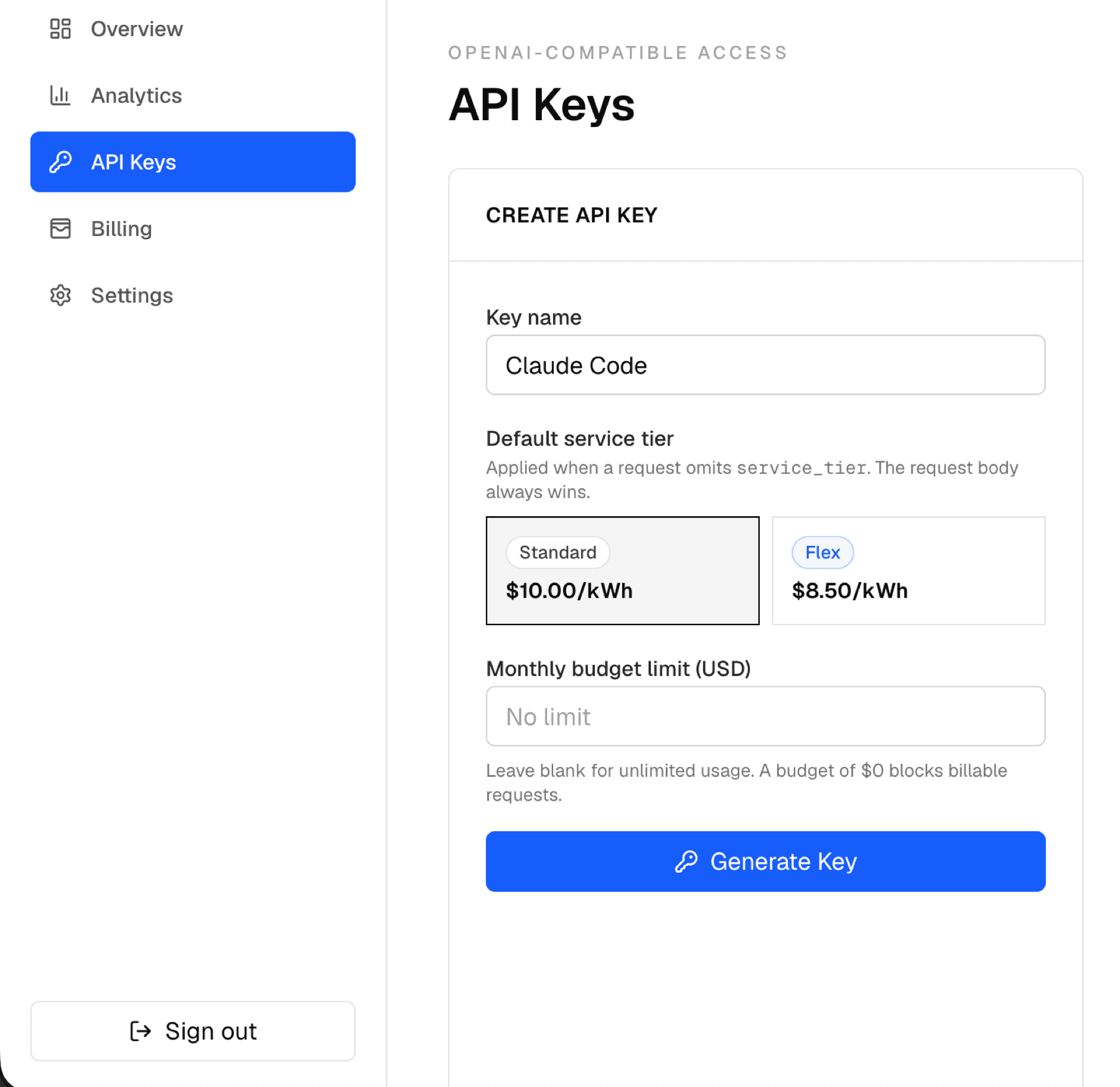 Aegis API Keys page with the Claude Code key creation form