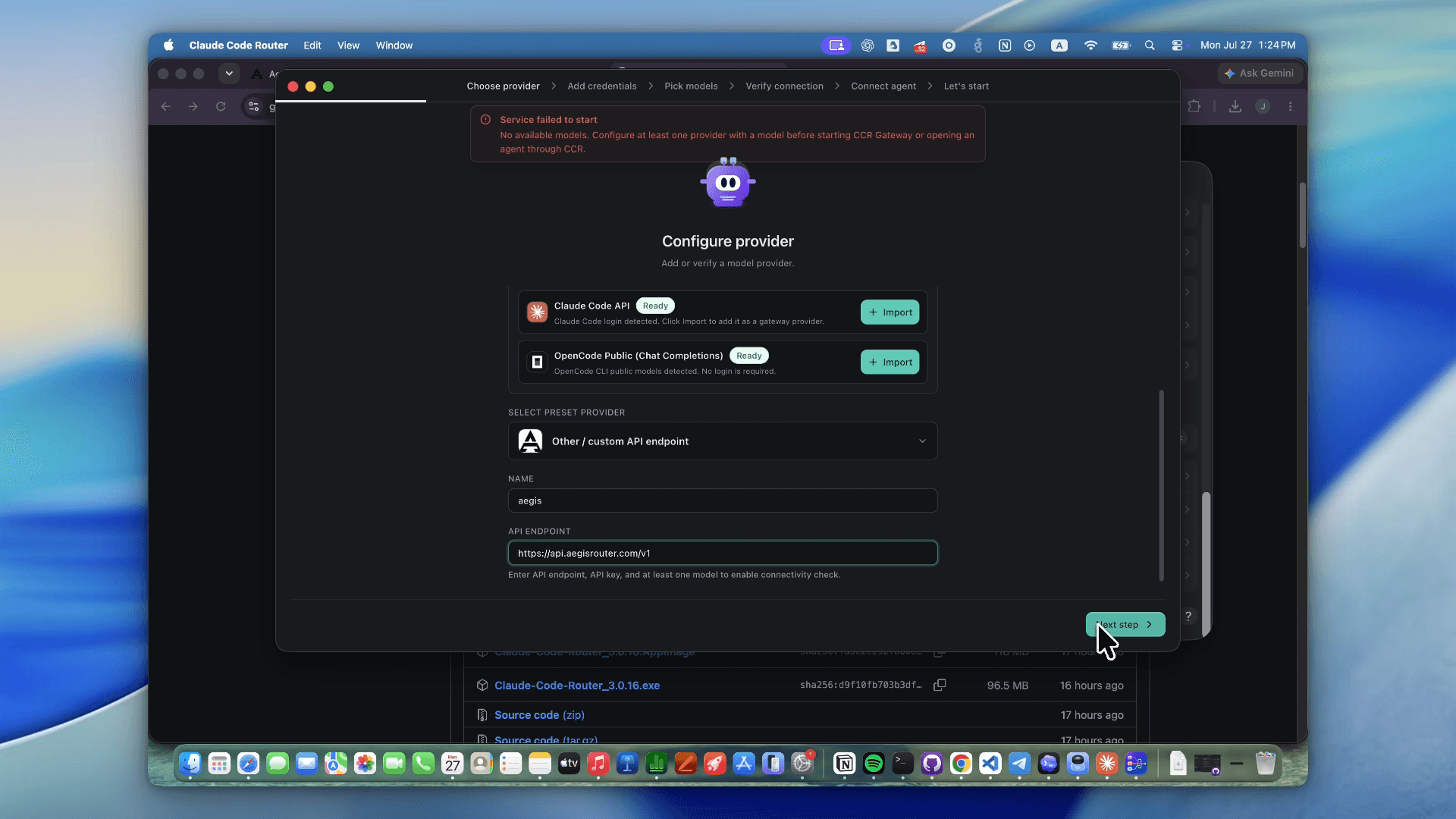 Claude Code Router Configure provider wizard with Aegis selected as a custom API endpoint