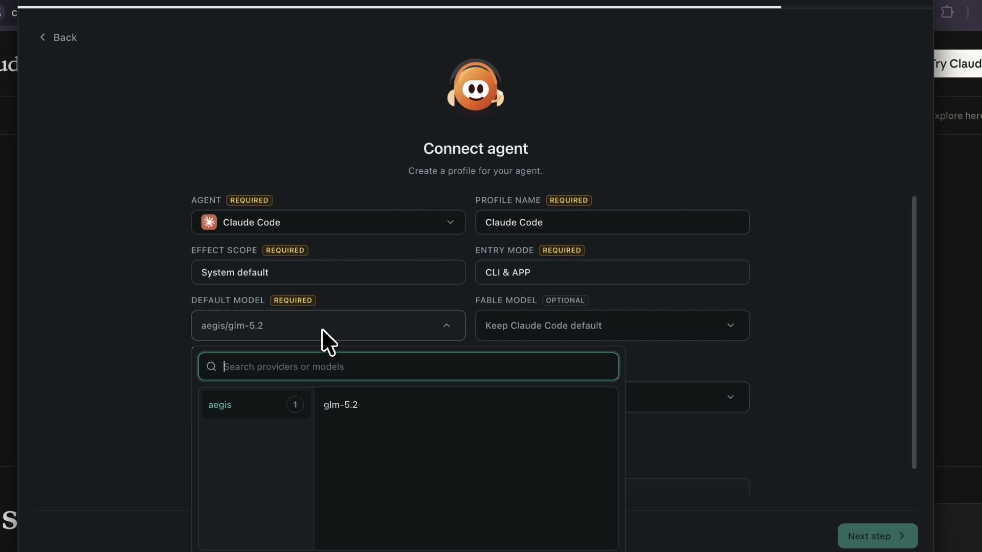 Claude Code Router Connect agent screen configured for Claude Code, System default, CLI and app, and the Aegis glm-5.2 model