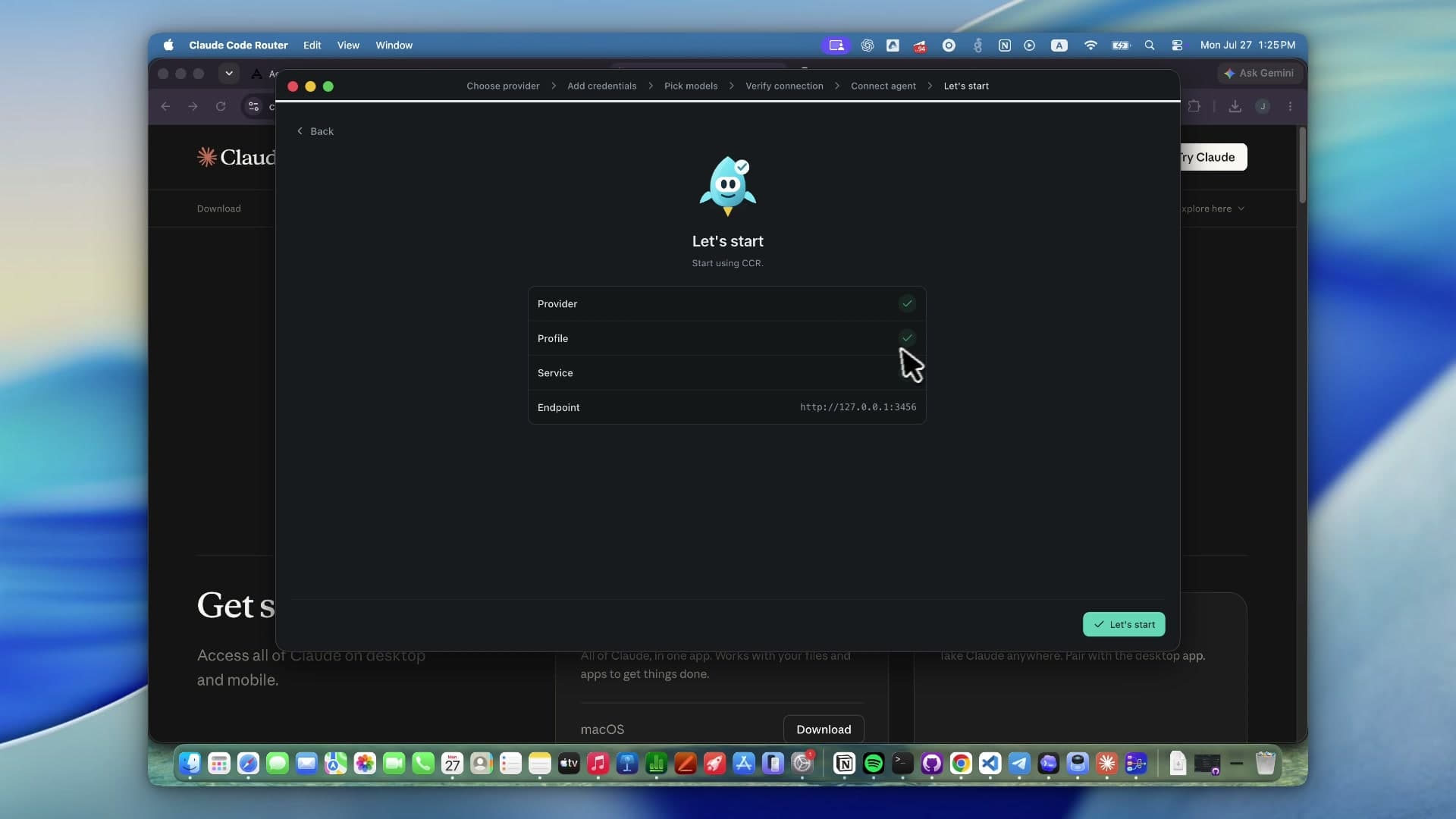 Claude Code Router Let's start screen showing a configured provider, profile, service, and local endpoint